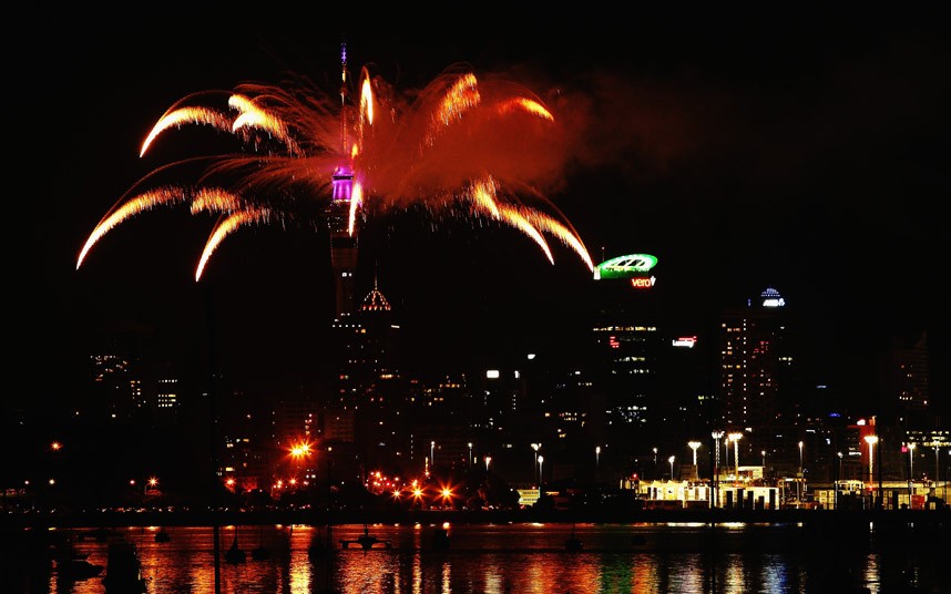 Fireworks are let off from the Auckland Sky Tower to celebrate the start of 2014 in Auckland, New Zealand