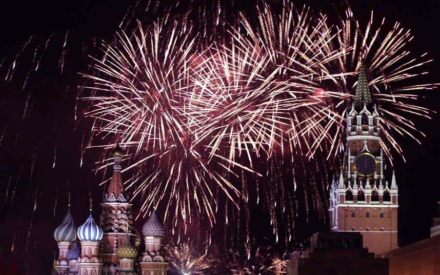 Fireworks explode in the sky during New Year celebrations in Moscow's Red Square