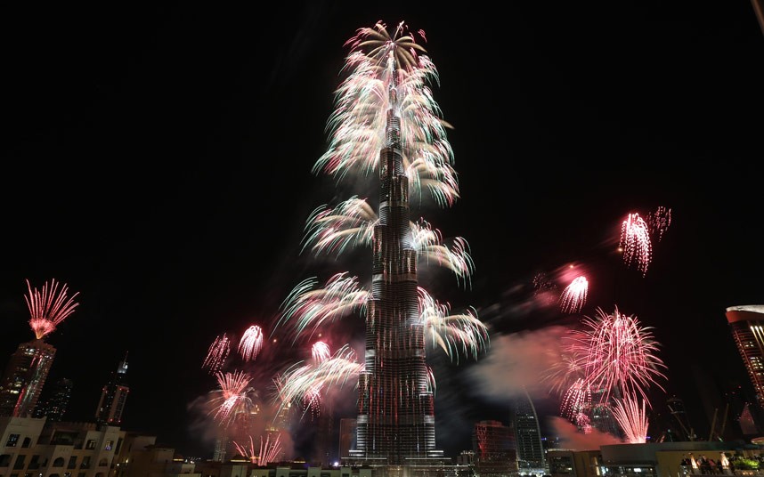 Fireworks explode from the Burj Khalifa, the world's tallest tower, in Dubai