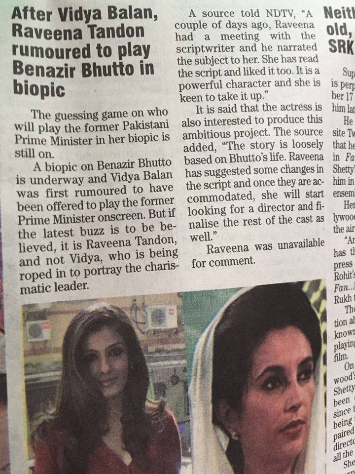 Raveena Tandon To Play Benazir Bhutto In Biopic