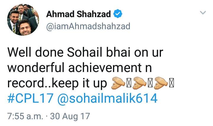 Ahmad Shehzad Tweet About Sohail Malik