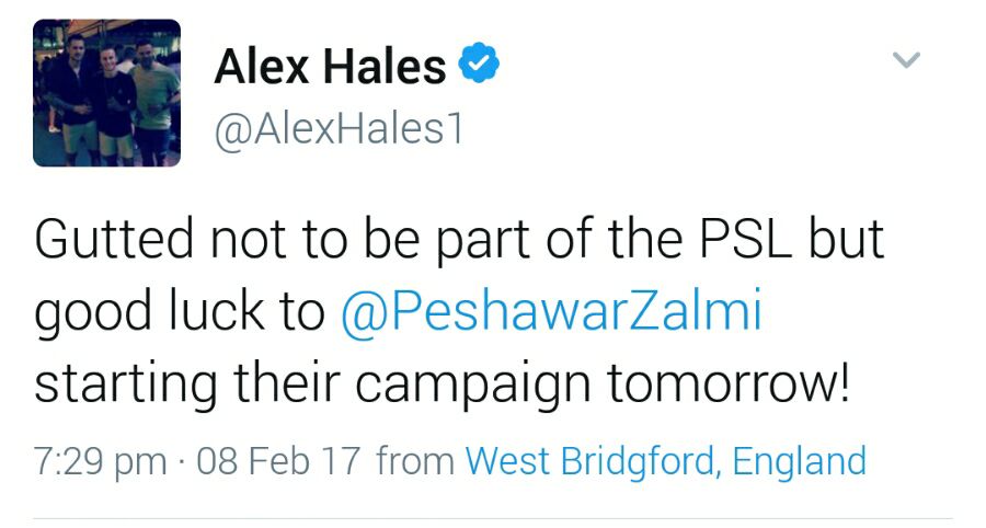 Alex Hales Tweets About PSL