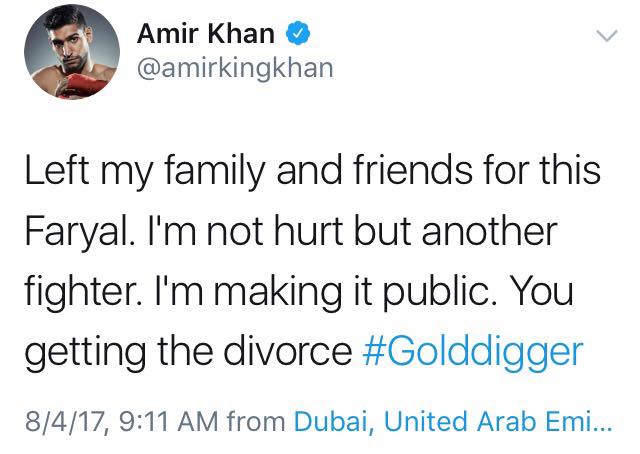 Amir Khan Tweets Today That He Is Divorcing Wife