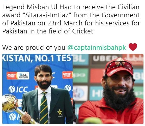 Congratulations Misbah Ul Haq To Receive The Civilian Award