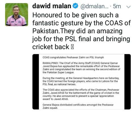 Dawid Malan Tweeted About COAS Of Pakistan