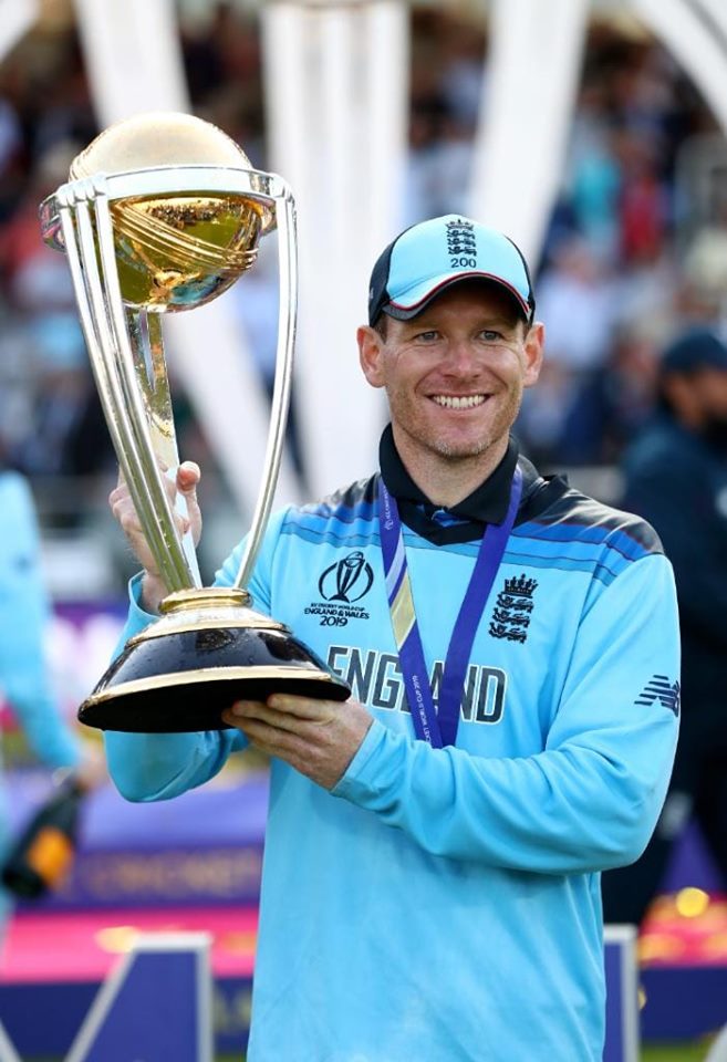England Captain Eoin Morgan Poses With Winning Trophy