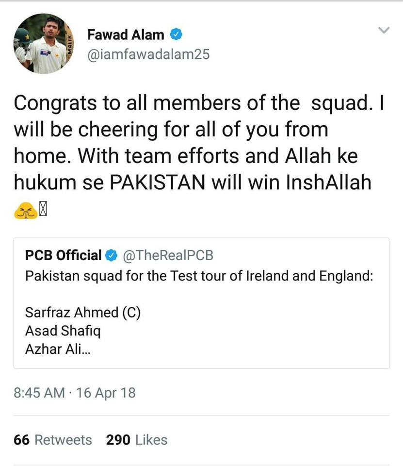 Fawad Alam Tweet After The Announcement Of Pakistan Squad For Ireland & England