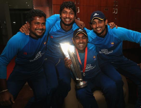 Herath, Sangakkara, Jayawardene, Dilshan Celebrating t20 victory