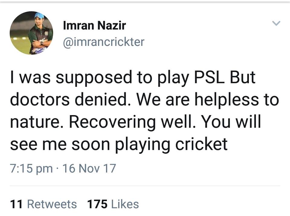 Imran Nazir Recent Tweet About PSL