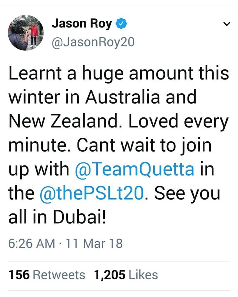 Jason Roy Will Be Joining Quetta Gladiators