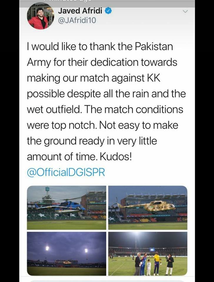 Javed Afridi Say Thanks To Army In His Tweet
