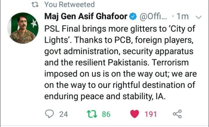 Maj Gen Asif Ghafoor Tweeted After PSL Final