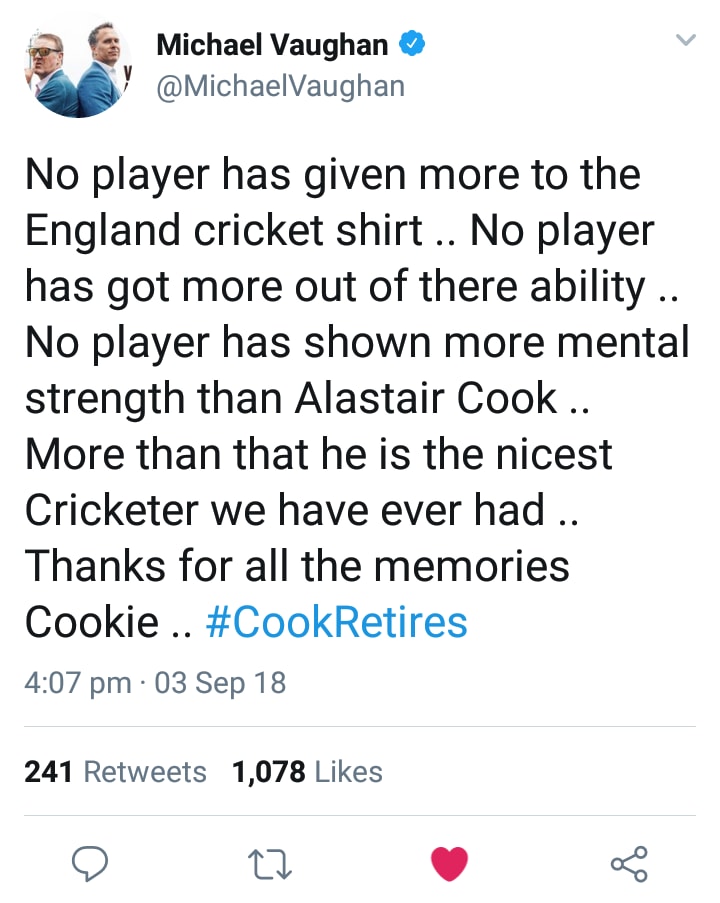 Michael Vaughan Tweets For Alastair Cook Retirement
