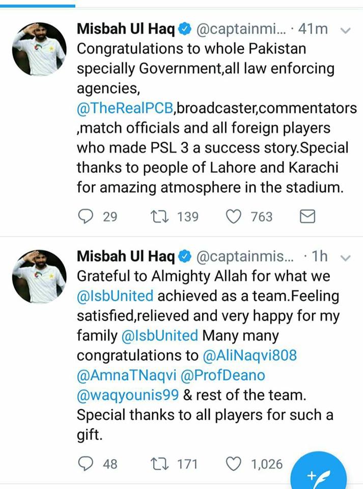 Misbah Ul Haq Tweeted After PSL Final