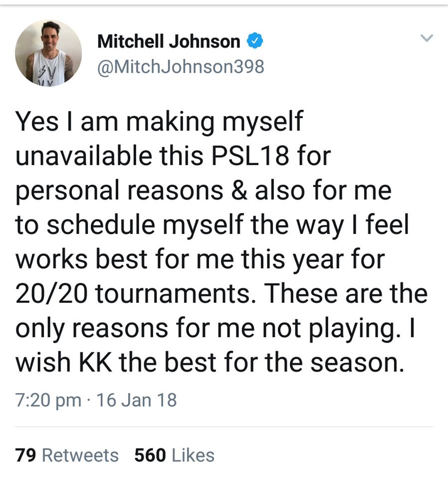 Mitchel Johnson Withdrawn From 3rd Edition Of PSL