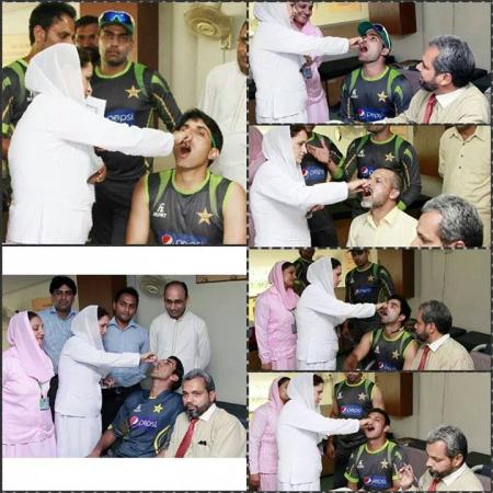 Pakistani Cricketers Taking Anti Polio Vaccine At Airport
