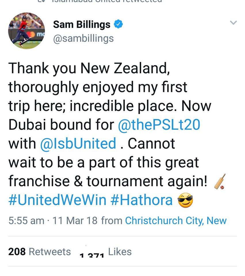 Sam Billings Will Be Joining Islamabad United