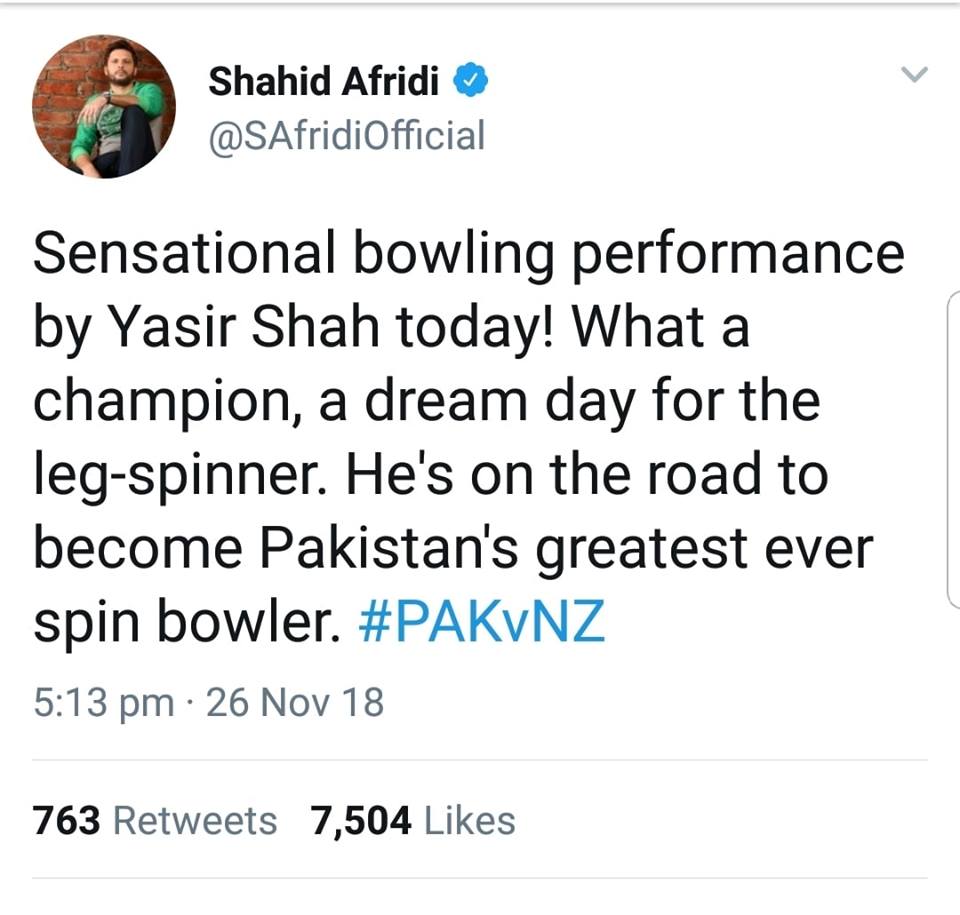 Shahid Afridi On Yasir Shah's Performance In 2nd Test Match Against New Zealand