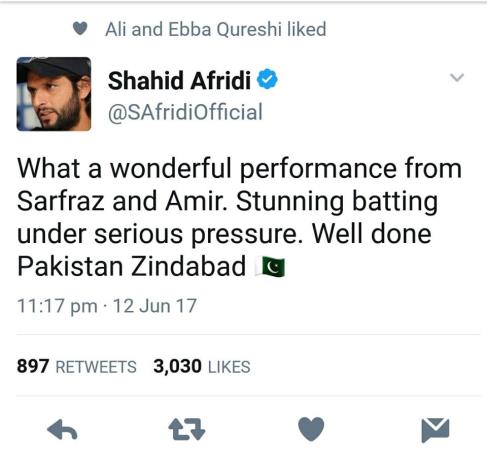 Shahid Afridi Tweet About Pakistan Victory