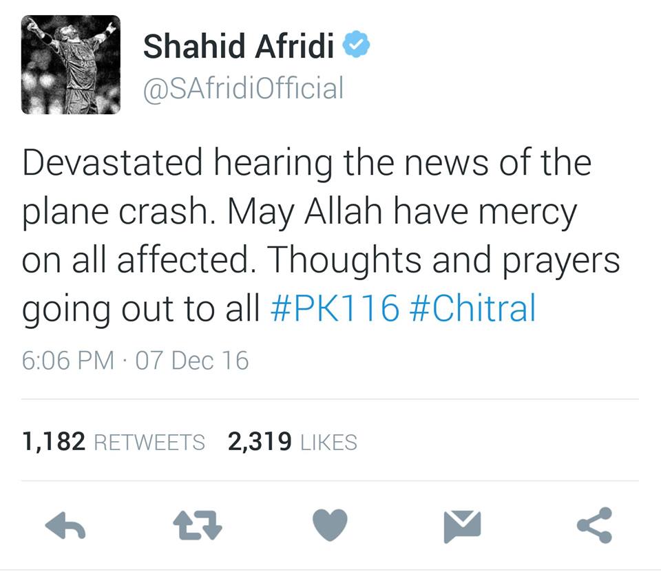 Shahid Afridi Tweet On Plane Crash