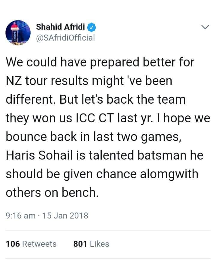 Shahid Afridi Tweeted About Pak Performance In NZ