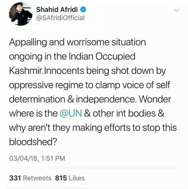 Shahid Afridi Tweets On Ongoing Brutality In Occupied Kashmir