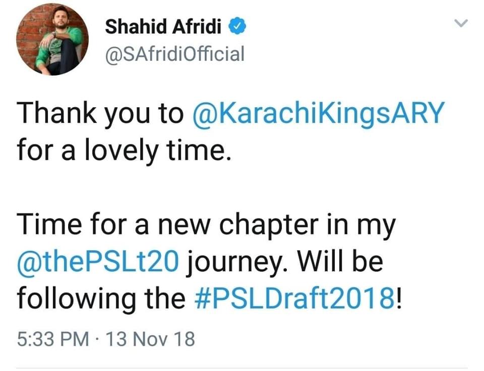 Shahid Afridi Will Not Be A Part Of KK In PSL 4