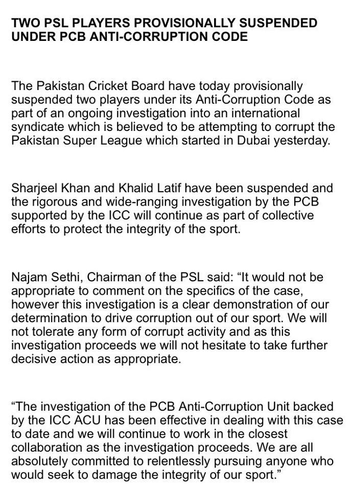 Sharjeel Khan & Khalid Latif Has Been Suspended