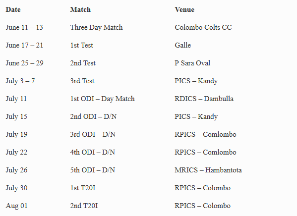 Sri Lanka Releases Schedule For Pakistan Tour