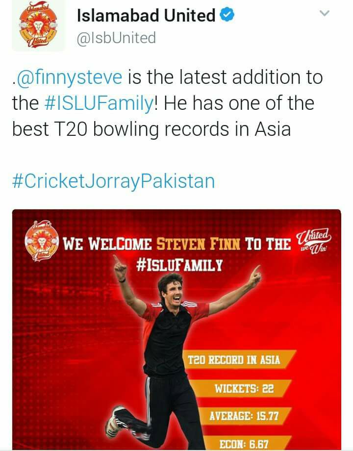 Steven Finn Join Islamabad United As A Replacement Of Banned Andre Russell