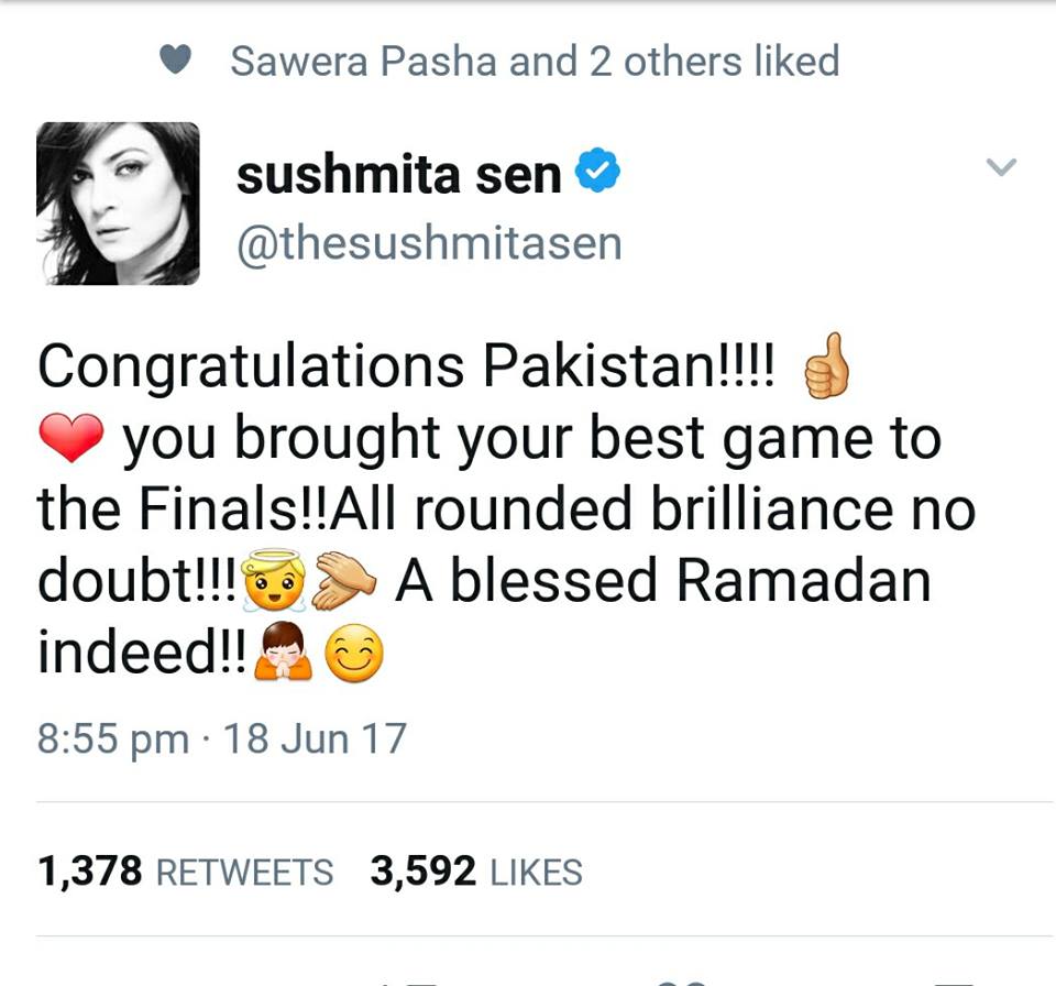 Sushmita Sen Tweet For Pakistan Team