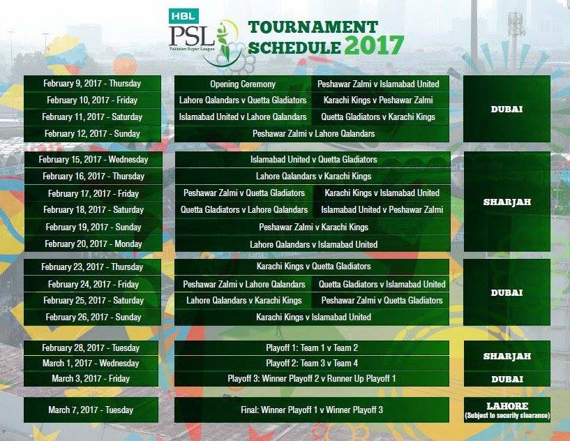 The Second Edition Of PSL To Kick Off From 9th Feb 2017 In Dubai