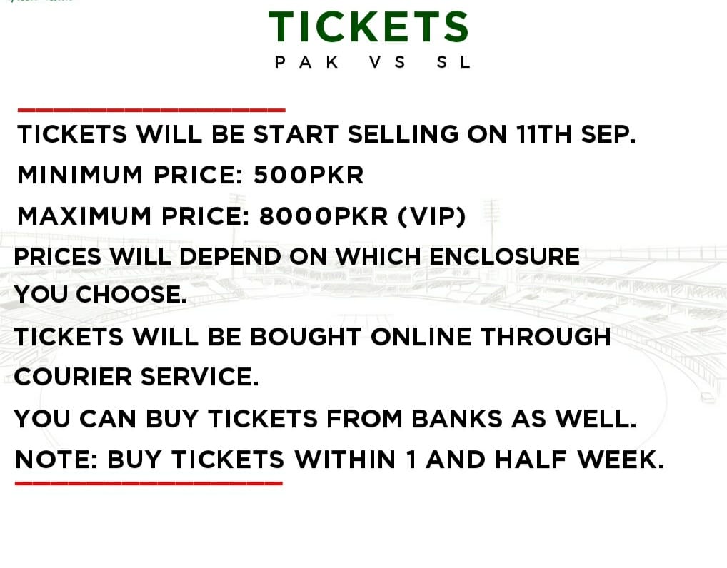 Tickets Of Pak vs SL Series Will Be Start Selling On 11th Sep