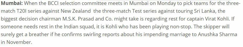 Virat Kohli Likely To Be Rested For Sri Lanka Series