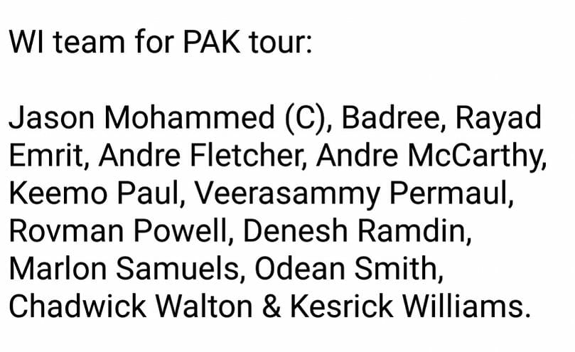 WICB Announced 13 Member Squad For Pakistan-West Indies Three T20I Series