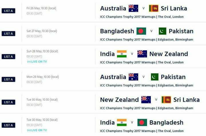 Warm Up Fixtures For Champions Trophy 2017