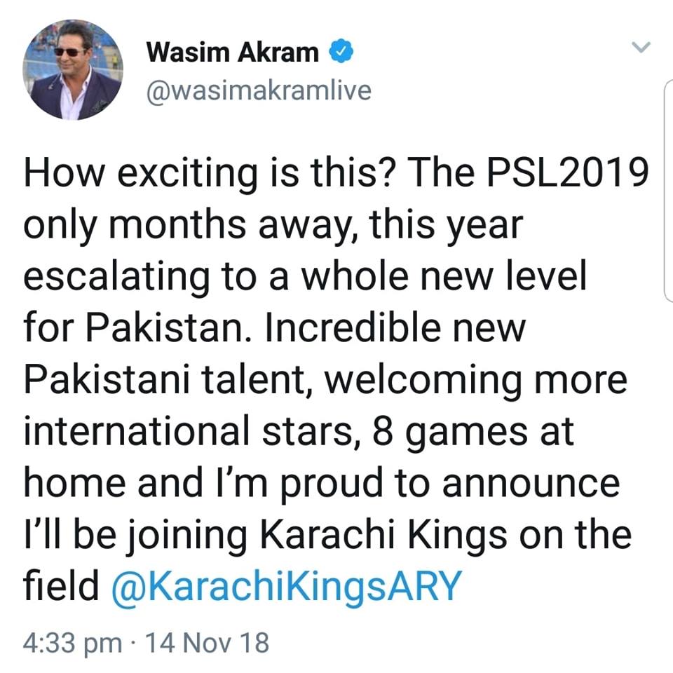 Wasim Akram Has Joined Karachi Kings For Upcoming PSL