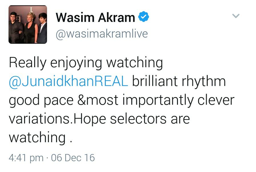 Wasim Akram Tweet Regarding Junaid Khan Performance