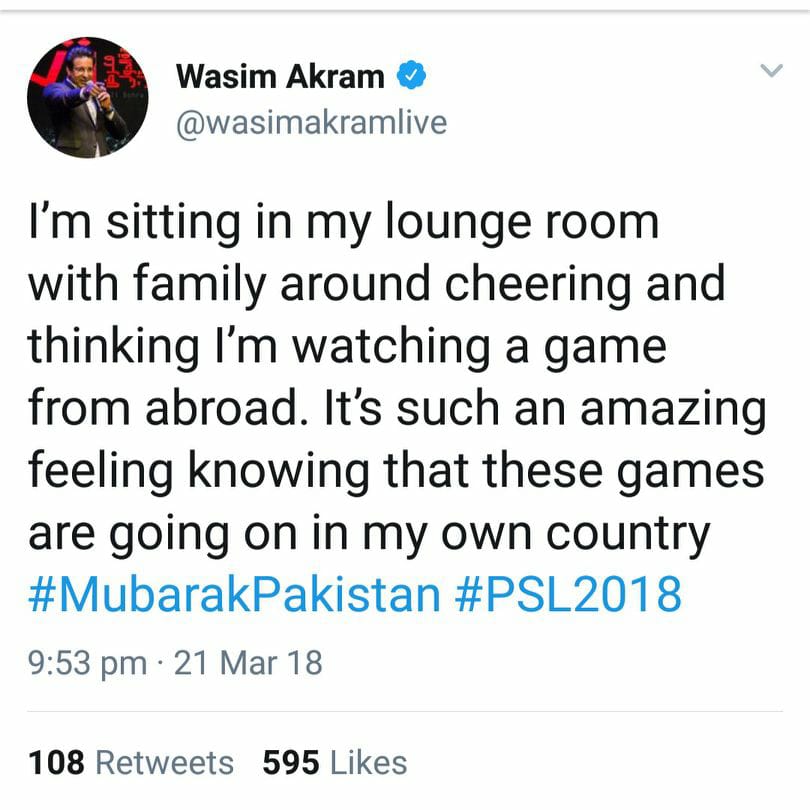 Wasim Akram Tweeted About PSL Match In Lahore