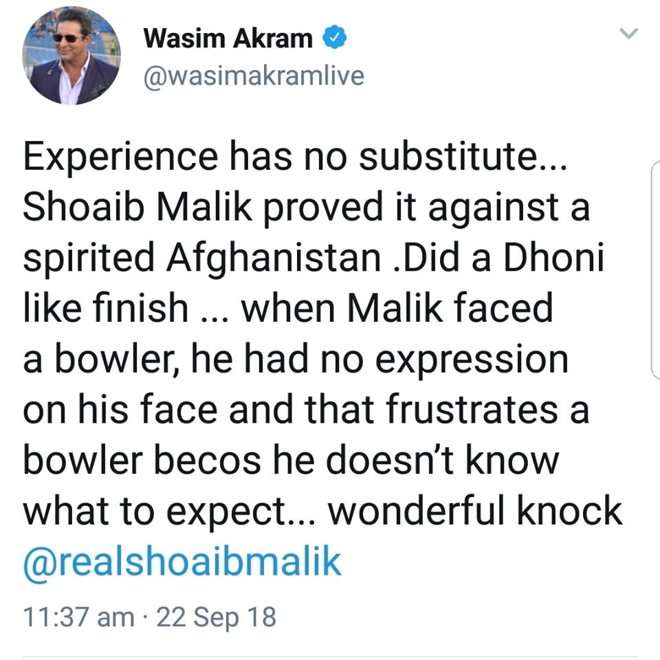 Wasim Akram Tweets On Malik Performance Against Afghanistan