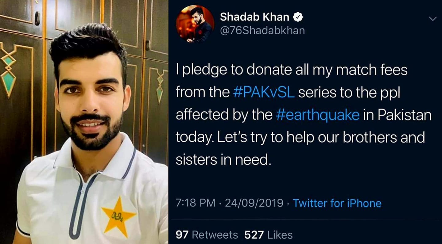 Shadab Khan Pledges To Donate His Pak-SL Series Match Fee For Earthquake Victims