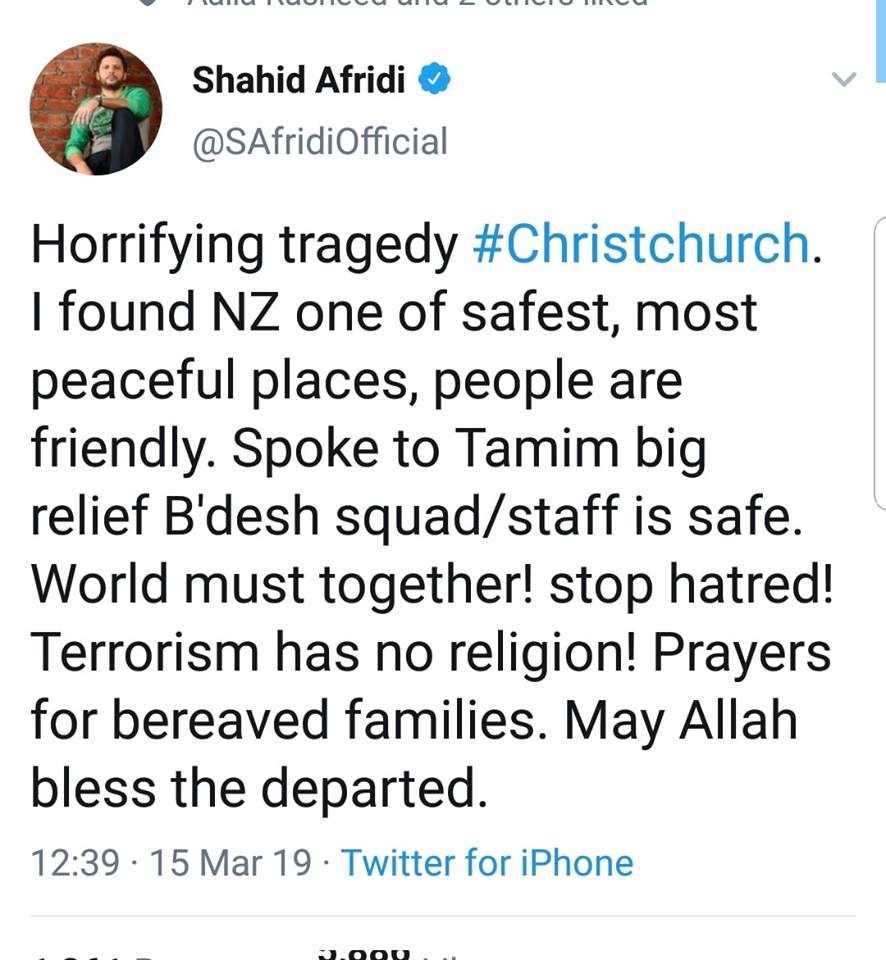 Shahid Afridi Tweets For The Terrorist Attack In Christchurch