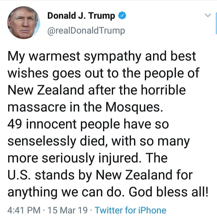 US President Donald Trump Has Condemned The Terrorist Attack In Christchurch